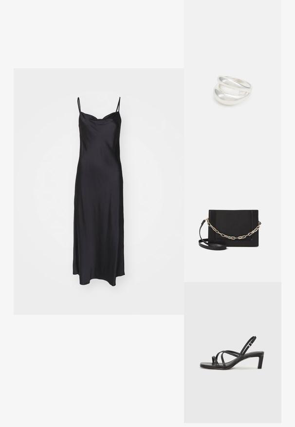 Czarna satynowa sukienka w stylu slip z cienkimi ramiączkami, gładką fakturą i dopasowanym gorsetem, który przechodzi w sylwetkę A-line.; Czarne sandały na obcasie z prostokątnym noskiem i niskim słupkowym obcasem. Posiadają wiele cienkich pasków i regulowany pasek na kostkę. Wykonane z gładkiej skóry.; Czarna skórzana torebka typu crossbody z gładką teksturą, prostokątnym kształtem oraz metalowym detalem w postaci łańcuszka z przodu. W zestawie regulowany pasek.; Srebrna obrączka podwójna z gładką, polerowaną powierzchnią. Posiada płynny, zakrzywiony kształt z nakładającymi się sekcjami, co nadaje nowoczesny wygląd.