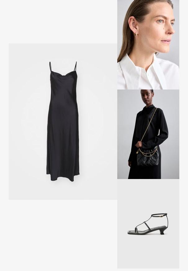 Črna satenska obleka s tankimi naramnicami, gladko teksturo in oprijetim topom, ki prehaja v A-linijo.; Črne usnjene sandale s kvadratnim prstom, tankimi trakovi, nastavljivim trakom okoli gležnja in nizko peto. Imajo majhen zlat akcent na traku.; Črna prešita usnjena torbica z nabranim vrhom, zlatim verižnim naramnikom in pravokotno obliko, držana na enolični podlagi.; Zlati uhani iz obroča z majhnim okrasnim draguljem. Nosijo jih model z ravnimi lasmi, v kombinaciji z belo srajco s ovratnikom.