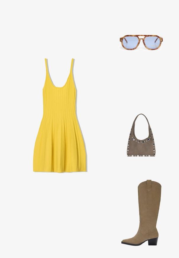 Sárga bordázott ruha vékony pántokkal, testhez simuló felsőrésszel és bő, redőzött szoknyával. Texturált anyagból készült, kerek nyakkivágással rendelkezik.; Térd fölé érő, világosbarna, nubukbőr csizmák hegyes orral, tömör sarkukkal és az oldalakon varrás részletekkel. Sima tapintás és letisztult forma.; Tarka mintás napszemüveg kék lencsékkel, szögletes kialakítással, vastag kerettel és orrnyereg kivágással; arany díszítéssel a templom részen.; PULL&BEAR SHOPPER - Bevásárlótáska - grey