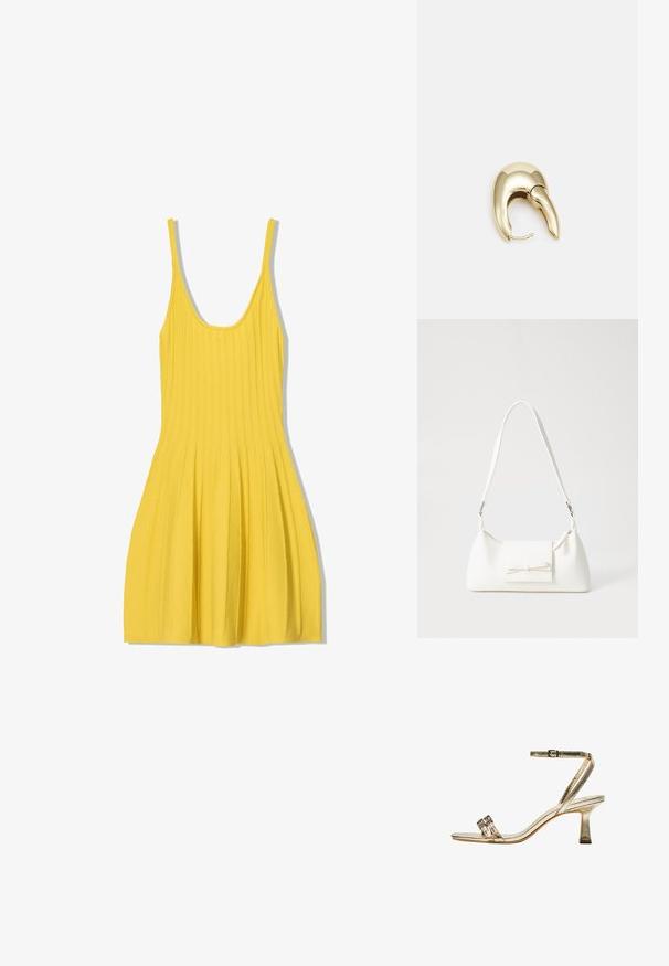 Rumena rebrasta obleka s tankimi naramnicami, prilegajočim zgornjim delom in razširjenim nabranim krilom. Narejena iz strukturirane tkanine, ima okrogel izrez.; Zlate kovinske sandale na visoki pet, z naramnicami okrog gležnja, dvema ozkima sprednjima trakoma in blok peto. Vsebuje okrasne dodatke.; Bela sintetična torbica v obliki trikotnika, z ravnim sprednjim poklopcem in detajlom mašne, nastavljivim trakom, gladko teksturo in minimalističnim dizajnom.; Uhane nakit iz zlatastega tona z gladko, ukrivljeno zasnovo. Ima edinstveno koničasto obliko, polirano površino in zaponko s tečajem.