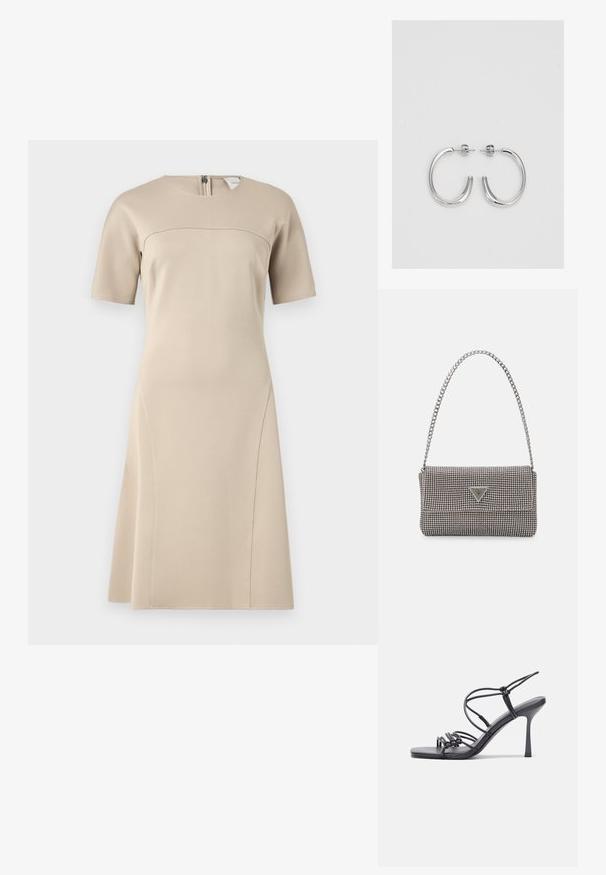 Bežinė suknelė trumpomis rankovėmis su apvaliu iškirpimu ir prigludusia liemene, kuri išsiplėtė ties apatine dalimi, pagaminta iš lygaus audinio su užtrauktuku nugaros pusėje.; Juodos aukštakulnės sandalai pasižymi plonyčiais dirželiais su mazgo dizainu, lygiu kvadratiniu pirštu ir elegantišku stiletto kulnu.; Šviesiai pilka metalinė rankinė su grandinėlės dirželiu, papuošta mažais apvaliais metaliniais smeigėmis ir trikampiu prekės ženklu.; Sidabrinės auskarai žiedai su lygiu, blizgiu paviršiumi. Suapvalinta forma, lengvas dizainas, su uždarymu ant smeigtuko.