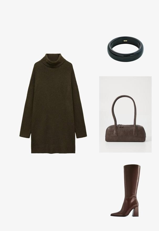 Maglione a collo alto verde oliva, realizzato in un morbido materiale a maglia testurizzato, con spalle scese e una vestibilità ampia e rilassata. Nessun motivo visibile.; Stivale marrone in pelle alto fino al ginocchio con punta a punta e tacco medio spesso, mostrato di profilo su sfondo bianco.; Borsa a mano in pelle marrone con due manici robusti, forma rettangolare, texture liscia e chiusura con zip. Design minimalista senza motivi visibili.; Bracciale in resina nera con superficie liscia e lucida e bordi arrotondati. Presenta un piccolo logo dorato "Pilgrim" all'interno.