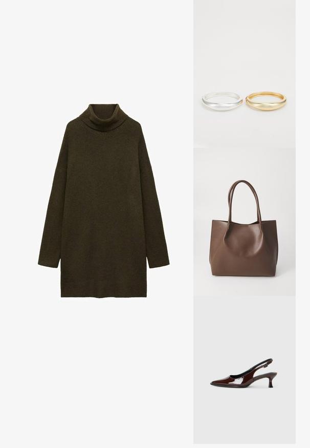 Zielona oliwka sweter z golfem, wykonany z miękkiego, teksturowanego materiału dzianinowego, z opuszczonymi ramionami i luźnym, swobodnym krojem. Brak widocznych wzorów.; Brązowe lakierowane skórzane buty na obcasie typu slingback z ostrym noskiem i umiarkowanym obcasem. Posiadają pasek z klamrą dla zapewnienia stabilnego dopasowania. Gładka tekstura.; Brązowa skórzana torba tote z dwiema długimi rączkami, o strukturalnym kształcie, gładkiej fakturze i minimalistycznym designie. Brak widocznych elementów metalowych lub akcentów.; Zign - Bransoletka