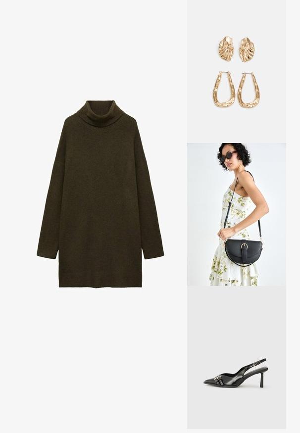 Maglione a collo alto verde oliva, realizzato in un morbido materiale a maglia testurizzato, con spalle scese e una vestibilità ampia e rilassata. Nessun motivo visibile.; Scarpa slingback in vernice nera con punta affusolata, cinturini alla caviglia con fibbie in argento e accessori, e tacco sottile.; Borsa a tracolla nera in pelle con una forma curva, manico rimovibile e accessori dorati. La borsa presenta una patta con un dettaglio a fibbia.; Orecchini in tono oro caratterizzati da forme ondulate eTexture. Comprendono chiusure clip-on scultoree e un design a cerchio aperto con finitura martellata.