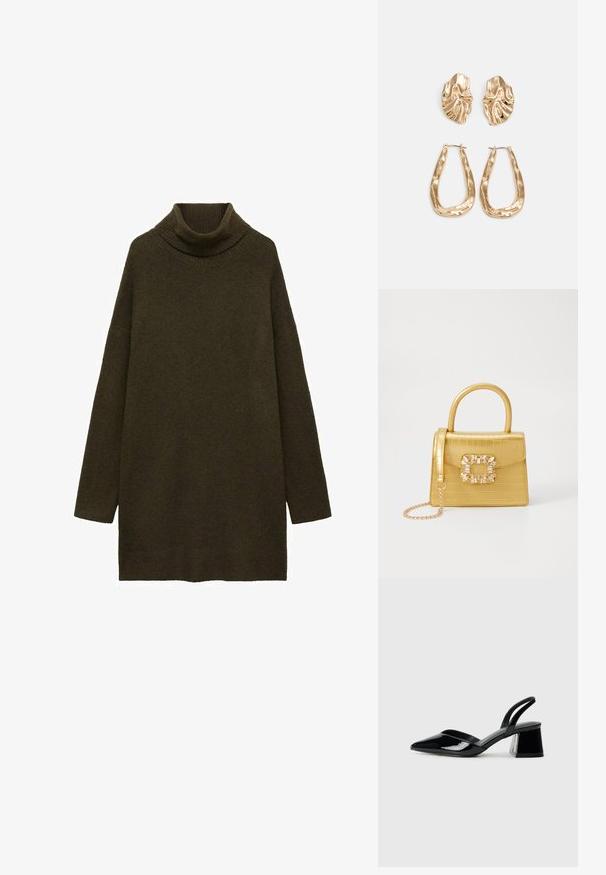 Olivno zelena turtleneck pulover, izdelan iz mehkega, strukturiranega pletenega materiala, z spuščenimi rameni in ohlapnim, sproščenim krojem. Brez vidnih vzorcev.; Črne lakirane slingback pete s koničastim nosom in geometrijsko blokasto peto. Imajo eleganten, minimalističen dizajn in gladko teksturo.; Rumeno usnjeno-usnje z vzorcem krokodila, s strukturiranim dizajnom, zgornjo ročajem, snemljivo verižico in dekorativnim kristalnim okrasjem na zaponki.; Zlato obarvani uhani z teksturiranimi, valovitimi oblikami. Vključujejo skulpturalne sponke za ušesa in odprto obliko obročka s kladivastim finišem.