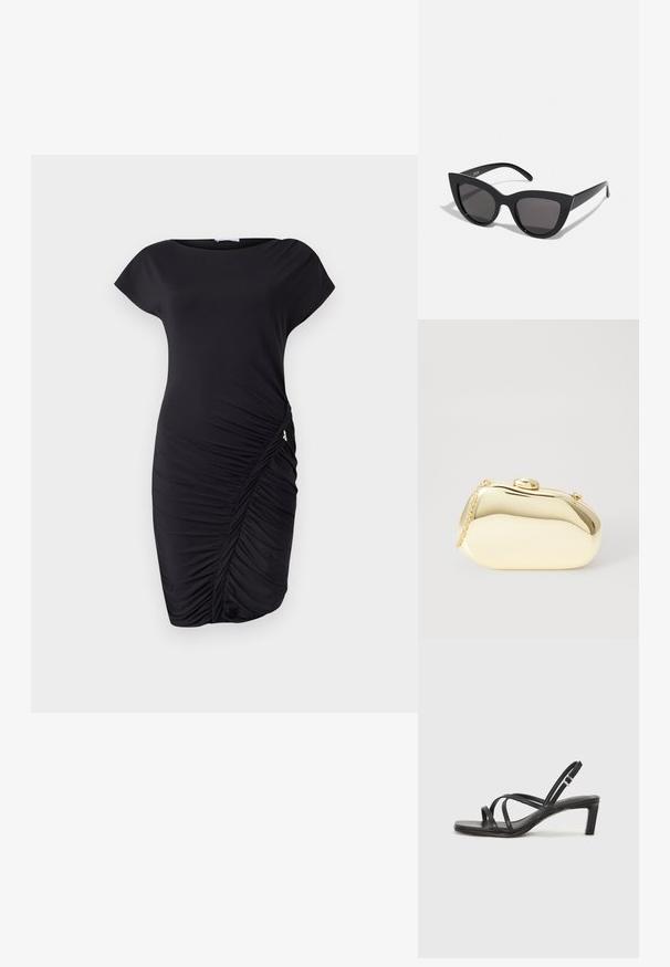 Černé šaty s krátkými rukávy, přiléhavým střihem, na boku se sklady a hladkým, elastickým materiálem. Podtrženy nenápadným kováním.; Černé sandály na tenkém podpatku se čtveratou špičkou a nízkým blokovým podpatkem. Mají několik tenkých popruhů a nastavitelné zapínání okolo kotníku. Vyrobeny z hladké kůže.; Černé sluneční brýle ve stylu kočičích očí s matným povrchem, vybavené šedými zabarvenými skly, ostrými liniemi a elegantními bočními rameny. Název značky viditelný na vnitřní straně ramene.; Metalická zlatá kabelka s hladkým, zaobleným tvarem, opatřená horním zapínáním na knoflík a malým řetízkovým popruhem pro nošení.