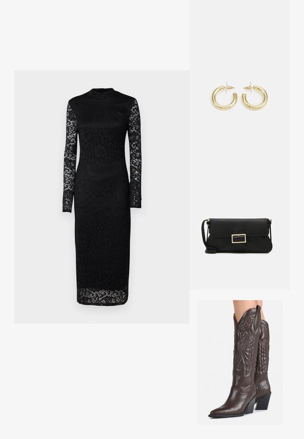 Juoda nėrinių suknelė su ilgomis rankovėmis ir aukštu kaklu. Audinys pasižymi gėlių raštu ir pritvirtinta siluetu, baigiasi žemiau kelių.; Rudos odinės kaubojaus batai su smailiu priekiu ir blokuotu kulnu, pasižymintys detaliu siuvinėjimu ir iškiliais akcentais ant ašies.; Juodas odinis dėkliukas su atvarteliu ir auksinės metalinės sagties detalėmis. Įeina juodas diržas ir elegantiškas, minimalistinis dizainas.; Aukso auskarai su lygiu, blizgiu paviršiumi. Apvalus dizainas su maža užrakto dalimi ir skaidria atrama saugiam nešiojimui.