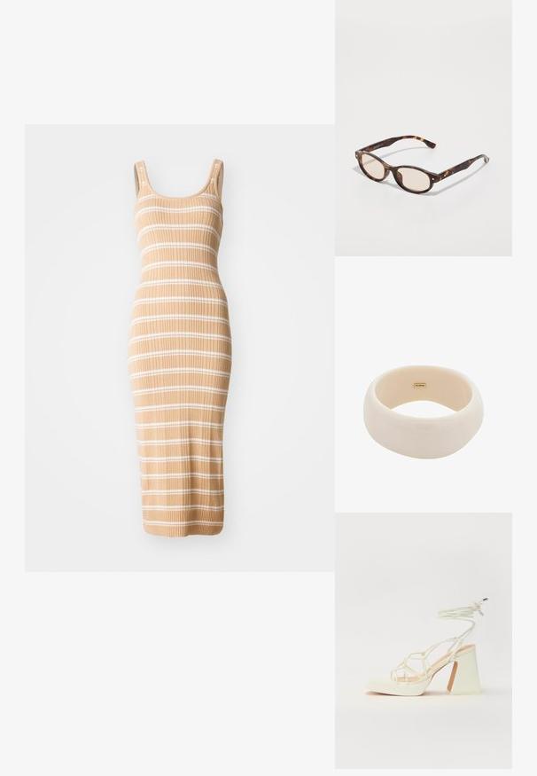 Sukienka midi dziergana w beżowym odcieniu z białymi paskami, o dopasowanym kroju, bez rękawów i o prążkowanej fakturze.; Biała sandał na wysokim obcasie z masywnym słupkiem, z paskowym wzorem i wiązaniem przy kostce. Gładka faktura z platformą z przodu dla dodatkowej wysokości.; Okulary przeciwsłoneczne w kolorze tortoiseshell o okrągłym kształcie i jasnych soczewkach. Posiadają mocne zauszniki z małymi złotymi akcentami, wykonane z materiału plastikowego.; Błyszczący beżowy bransoletka wykonana z gładkiej żywicy. Zaokrąglony kształt o jednolitej powierzchni i małe złote logo wewnątrz.