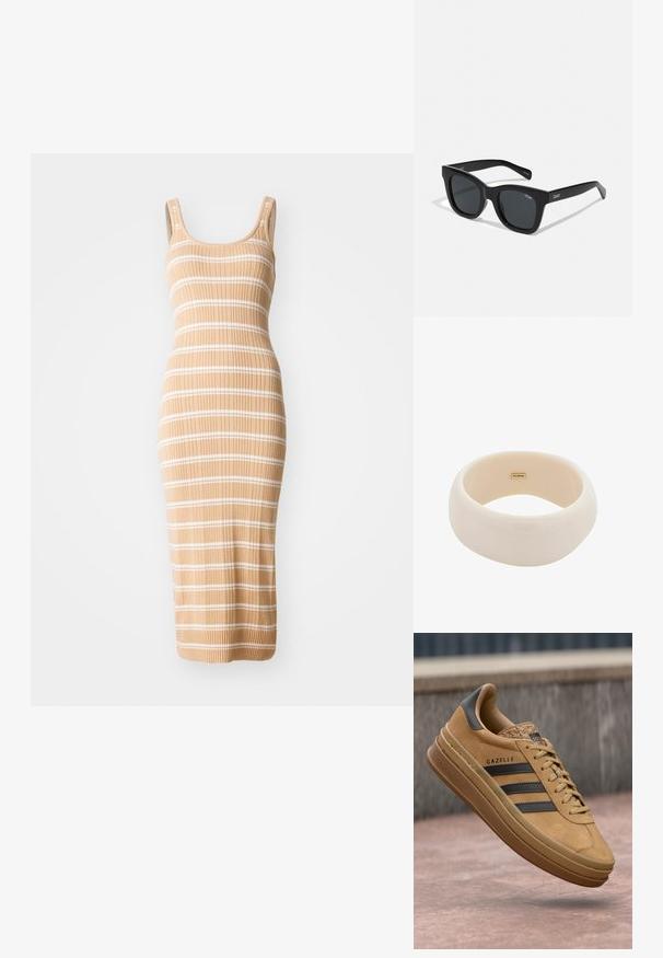 Pletené midi šaty v béžovém odstínu s bílými pruhy, s těsným střihem, bez rukávů a s žebrovanou texturou.; Světlé semišové tenisky s hladkou texturou, se třemi tmavými pruhy, zaoblenou špičkou a silnější podrážkou se vzorovaným okrajem.; Černé obdélníkové sluneční brýle s hladkým plastovým rámem a tmavými čočkami. Logo "QUAY" na straně v bílé barvě. Minimalistický design.; Lesklý béžový náramek vyrobený z hladké pryskyřice. Zaoblený tvar s jednotným povrchem a malým zlatým logem na vnitřní straně.