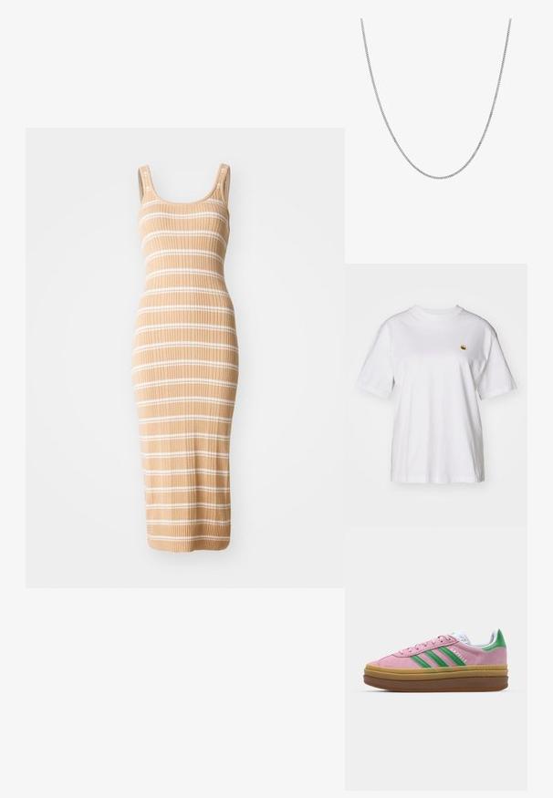 Gebreid midi-jurk in een beige tint met witte strepen, met een aansluitend ontwerp, mouwloze snit en geribbelde textuur.; Witte katoenen t-shirt met een relaxte pasvorm, korte mouwen en een klein geborduurd logo op de linkerborst.; Roze suede sneakers met groene strepen, witte accenten en een bruine rubberen zool. Heeft een gestructureerde stof en logodetails aan de zijkant.; Zilveren ketting met een gladde, ronde platte schakelontwerp. Heeft een glanzende afwerking en heeft een lengte van ongeveer 20 inch.