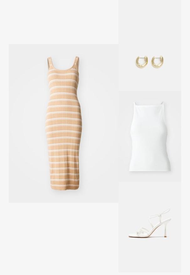 Abito midi in maglia di tonalità beige con strisce bianche, dotato di un design aderente, senza maniche e in texture a coste.; Canottiera bianca a costine con spalline sottili, caratterizzata da un design aderente e una texture liscia. Il tessuto sembra elastico e leggermente strutturato.; Sandalo alto con tacco bianco a strisce, con una base piatta per le dita, un frontale testurizzato con dettagli arricciati e una sottile cinghia alla caviglia.; Orecchini a cerchio in tono oro con una finitura liscia e lucida. Presentano una forma a mezza luna e una chiusura a perno sicura.
