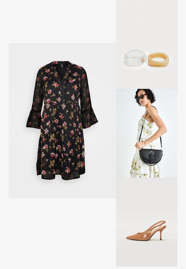 Černé květinové šaty s výstřihem do V, průhlednou látkou, volánkovými rukávy a vrstevnatým designem s růžovými a žlutými květy a zelenými listy.; Sandy poprsko s úzkým podpatkem v hladkém, lesklém odstínu tan. Obsahuje zakřivený design s výřezem a štíhlý jehlový podpatek. Detail se stříbrnou sponou.; Černá kožená kabelka s křivkovým tvarem, odnímatelným popruhem a zlatými detaily. Kabelka má klopu s přezkou.; Průhledné a jantarové prsteny z pryskyřice, jeden hladký a transparentní, druhý s texturovaným jantarovým povrchem. Oba mají zaoblené, robustní tvary.