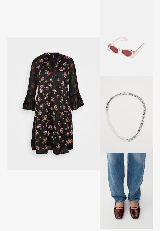 Schwarzes Blumenkleid mit V-Ausschnitt, transparentem Stoff, Rüschensleeves und einem gestuften Design mit rosa und gelben Blumen sowie grünen Blättern.; Burgunderfarbene Lacklederschuhe mit quadratischer Zehenform und Knöchelriemen, kombiniert mit hellblauen, locker sitzenden Jeans. Die Schuhe haben eine glänzende Oberfläche.; Pink transparente Sonnenbrille mit ovalen Gläsern, dunkler roter Tönung und schlanken Bügeln, ausgestattet mit einer glatten Oberfläche und dezenten Details am Rahmen.; Silberne Metallkettenschmuck mit abwechselnd weißen Perlen, ausgestattet mit einem sicheren Verschluss und einer glatten, polierten Oberfläche.