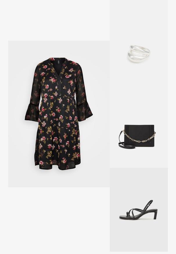 Crna cvjetna haljina s V-izrezom, prozirnom tkaninom, volanastim rukavima i slojevitom izradom, ukrašena ružičastim i žutim cvjetovima te zelenim lišćem.; Crne sandale s trakama, kvadratnim prstom i niskom blok petom. Ima više tankih trakica i podesivu trakicu oko gležnja. Izrađene su od glatke kože.; Crna kožna torba preko tijela s glatkom teksturom, pravokutnim oblikom i metalnim lancem na prednjoj strani. Uključena je podesiva naramenica.; Srebrna dvostruka prsten s glatkom, poliranom površinom. Karakterizira ga fluidan, zakrivljen dizajn s preklapajućim sekcijama za moderan izgled.