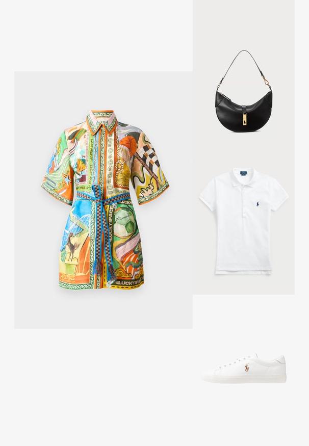 Bunt bedrucktes kurzärmeliges Hemd mit gemischten Mustern, einem Kragen und einem Krawattengürtel. Die Materialien scheinen leicht zu sein, mit unterschiedlichen Grafiken und Akzenten.; Weißes Baumwoll-Polohemd mit klassischem Kragen, kurzen Ärmeln und einem dunkelblauen gestickten Logo auf der linken Brust. Fünf-Knopf-Leiste.; Weiße Leder-Sneaker, niedrig geschnitten, mit glatter Textur, runder Zehenpartie, Schnür vorne und kleinem gesticktem Logo an der Seite.; Schwarze Lederhandtasche in Halbmondform. Verfügt über eine goldene Hardware-Akzentuierung und einen schmalen Tragegurt. Sanfte Textur, Reißverschlussverschluss an der Oberseite.