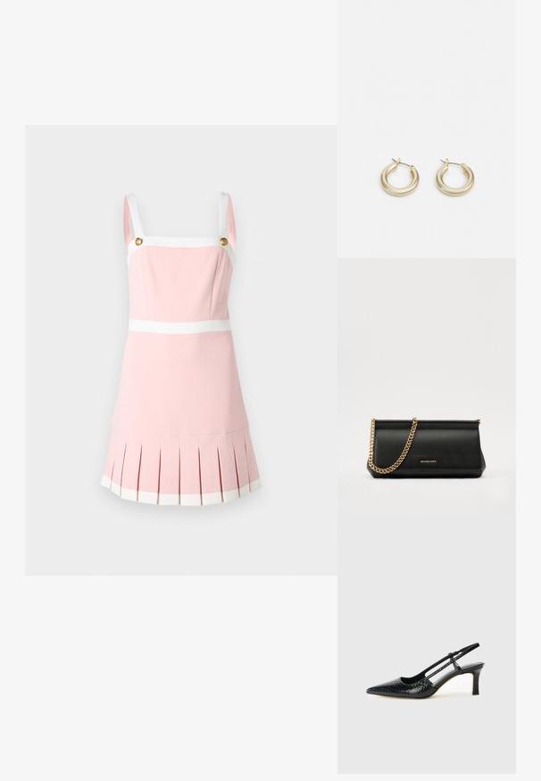 Rozā kleita ar kvadrātveida izgriezumu, baltām lencēm un zelta pogām. Iespējojusi krokotu apakšmalu un baltus akcenta lentas jostas vietā un apakšā.; Melna patent āda ar slīdošo papēdi un smailo purngalu, ar teksturētu čūsku drukājumu, regulējamu siksniņu un īsu teksturētu blokpapēdi.; Melns ādas apliecības soma ar zelta ķēdes siksnu, ar gludu tekstūru, taisnstūra formu un izspiestu zīmolu uz priekšpuses.; Lauren Ralph Lauren BASIC SMALL HOOP - Auskari - gold-coloured