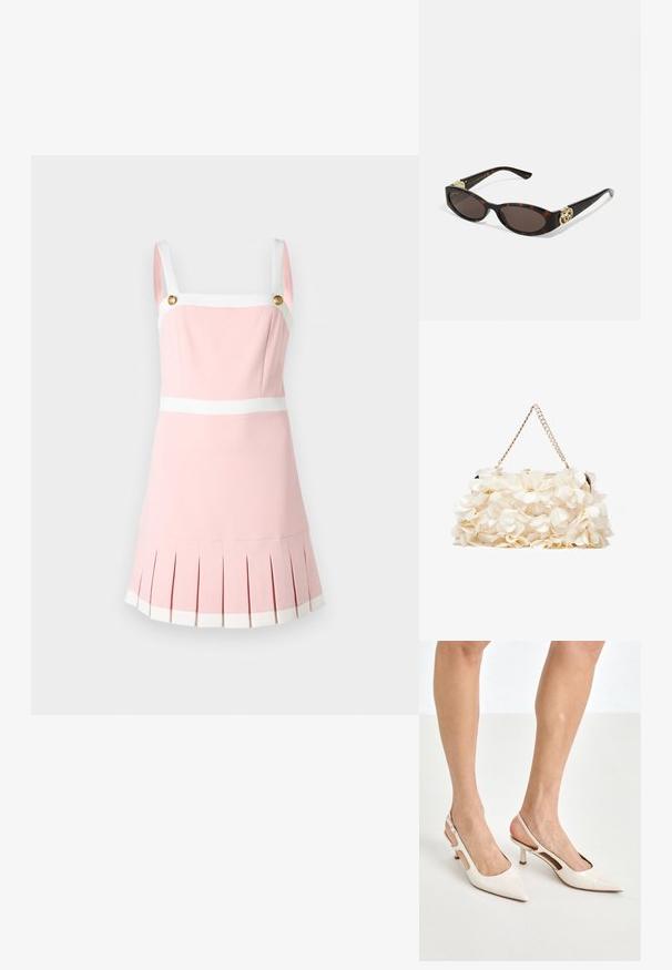 Pink dress with a square neckline, white straps, and gold buttons. Features pleated hem and white accent bands at the waist and bottom.; Beige patent leather slingback heels with a pointed toe and 5 cm heel, featuring cut-out sides and a thin ankle strap.; Tortoiseshell sunglasses with elongated oval lenses, brown tint, gold logo accents on temples, and sleek black arms.; White floral handbag with a gathered fabric surface, gold-tone chain strap, and metal clasp. Features textured petals for added detail.