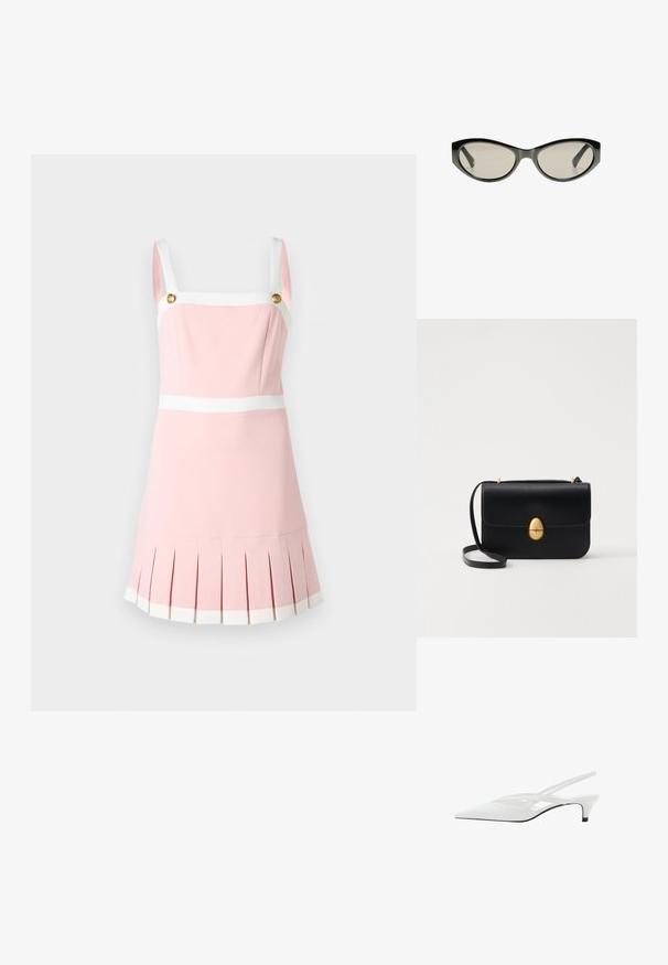 Vaate vaaleanpunaisessa mekossa on neliön muotoinen kaula-aukko, valkoiset hihnat ja kultaiset napit. Mekossa on laskostettu helma ja valkoiset korostusnauhat vyötäröllä ja helmassa.; Valkeat nilkkaremmikengät, joissa on terävä kärki, sileä päällinen, hienovaraiset aukot ja matala lohkopohja. Musta pohja korostaa muotoilua.; Mustat kissakuvioiset aurinkolasit harmailla tummennetuilla linsseillä. Muovikehyksissä on terävät reunat ja sileä, kiiltävä pinta.; Musta nahkakäekott struktureeritud ristküliku kujuga. Varustatud kuldse ovaalse lukuga ja õhukese õlalindiga. Sile tekstuur.