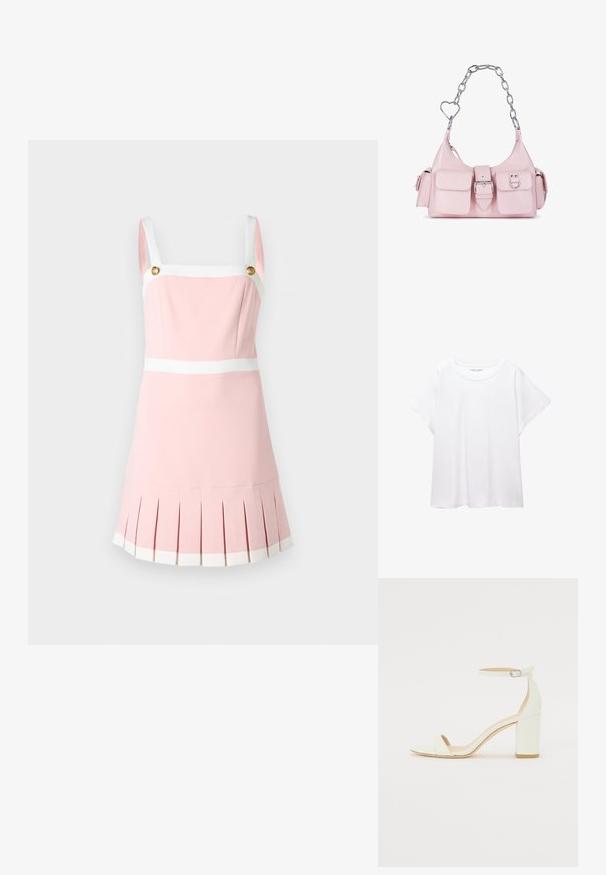 Rózsaszín ruha négyzet alakú nyakkivágással, fehér pántokkal és arany gombokkal. Ráncolt szegéllyel és fehér díszcsíkokkal a deréknál és az alján.; Fehér póló, puha, könnyű anyagból készült. Kerek nyakú, rövid, széles ujjaival és laza szabásával rendelkezik. Nincsenek látható minták.; Fehér bőrsarkú szandál bokaankarral és csattal, minimális dizájnnal. Nyitott orrú és sima textúrákkal az egész felületen.; Rózsaszín műbőr kézi táska ezüst láncfogantyúval, szív alakú díszekkel, elülső csattal és két kis zsebbel az elején.