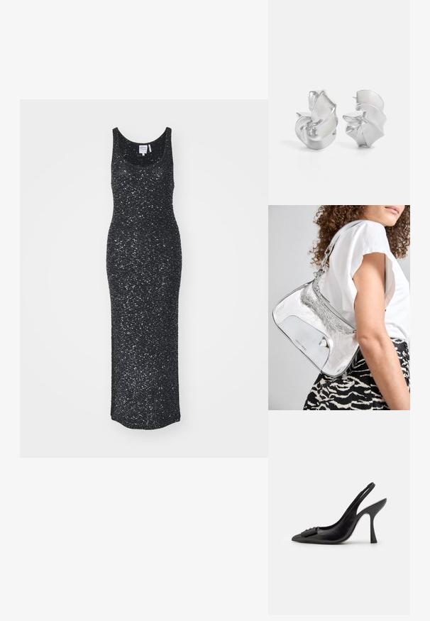 Rochie maxi fără mâneci, de culoare neagră, confecționată din țesătură texturată cu un efect strălucitor, având un decolteu rotund și o siluetă ajustată.; Pantofii slingback din piele neagră, cu vârf ascuțit, toc subțire și un accent decorativ sub formă de fundiță. Textură netedă și design elegant.; Geantă de umăr metalică argintie, cu o textură netedă, design curbat, curea din lanț și un panou frontal lustruit, având o gravură subtilă a logo-ului.; Cercei din argint cu un design fluid, spiralat. Textură netedă cu o finisare lustruită. Prezintă un aspect subtire, strălucitor și fără embellishments vizibile.