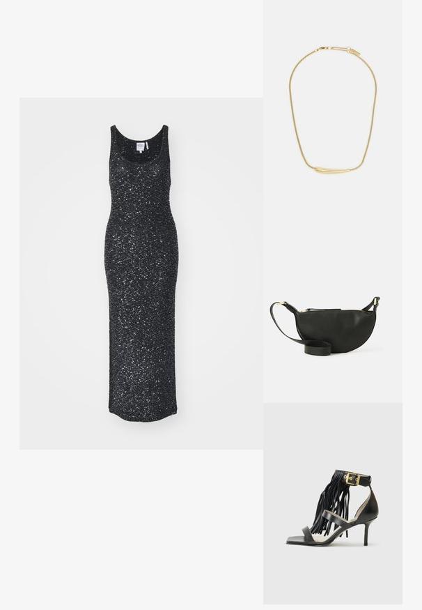 Vestido maxi negro sin mangas hecho de una tela texturizada con efecto brillante, que presenta un escote redondeado y una silueta ajustada.; Sándalo negro de tacón alto con detalles de flecos, correa en el tobillo con herrajes dorados, punta cuadrada plana y dos correas cruzadas en la parte superior.; Bolso de cuero negro cruzado con forma de media luna, superficie texturizada, cierre de cremallera dorado y una correa plana. Diseño compacto adecuado para lo esencial.; Collar de oro con un acento central suave y curvado. Presenta una cadena flexible con un cierre de langosta y enlaces de cadena adicionales ajustables.