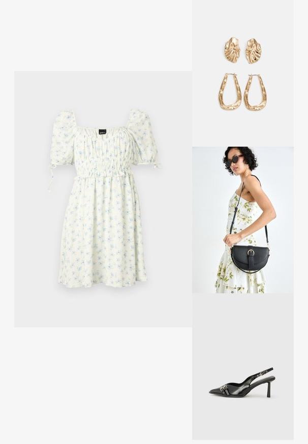 Vestido branco com padrão floral azul, decote quadrado, mangas bufantes elásticas, cintura franzida e barra até ao joelho. Tecido leve.; Sapato slingback preto em pele patentada com bico apontado, tiras no tornozelo apresentando fivelas e acessórios prateados, e um salto elegante.; Bolsa de couro preta com forma curva, alça destacável e detalhes em dourado. A bolsa possui uma aba com detalhe de fivela.; Brincos em tom de ouro com formas onduladas e texturizadas. Inclui studs escultóricos com presilha e um design de argola aberta com um acabamento martelado.