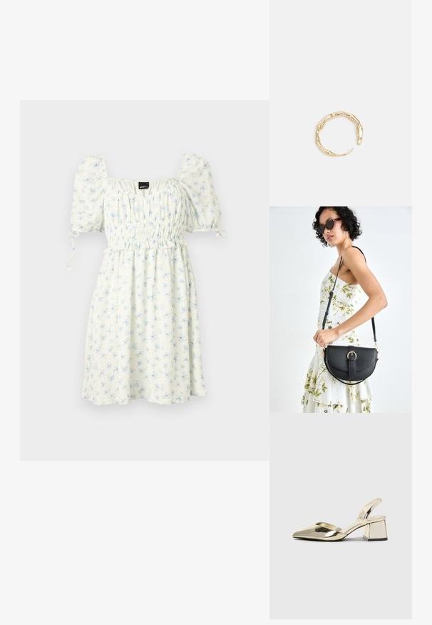 Balta kleita ar zilu ziedu rakstu, kvadrātveida dekoltē, elastīgām puff piedurknēm, savilktu jostasvietu un ceļu garumu. Viegls audums.; Zeltaini, metāla kurpes ar siksniņām, norakans purngalis un masīla papēdis. Gluda tekstūra, minimālisma dizains un šaura siksna.; Melnas ādas rokassoma ar izliekta formu, noņemamu siksnu un zelta aksesuāriem. Somai ir vāciņš ar sprādzes detaļu.; Zelta toņa gredzens ar organisku, vērptu dizainu, gludu virsmu un sašaurinātiem galiem, radot mūsdienīgu, skulpturālu izskatu.