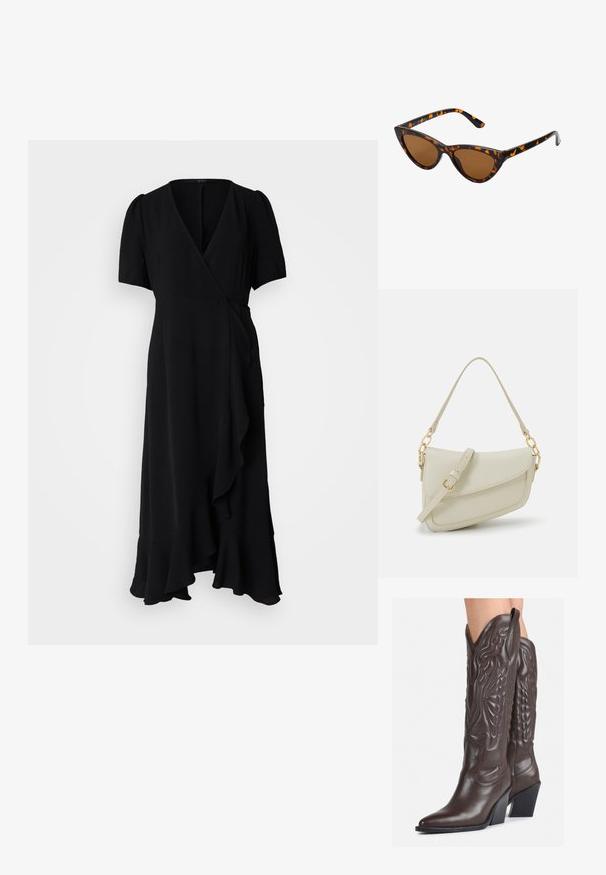 Černé zavinovací šaty z měkké tkaniny, s krátkými nabíranými rukávy, rozšířeným lemem a volánkovým detailem podél předního otvoru.; Hnědé kožené kovbojské boty s špičatou špičkou a blokovým podpatkem, se zdobným prošíváním a vyvýšenými akcenty na nárazu.; Sluneční brýle ve stylu kočičích očí s černo-oranžovým želvovinovým rámem, hnědými skly a elegantními, špičatými konci. Obsahují minimalistické logo na straně.; Malá krémová kabelka s texturovaným povrchem, dlouhým nastavitelným popruhem, řetízkovým akcentem a klopou. Ozdobné detaily zlaté barvy.