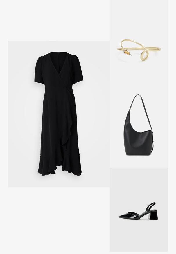 Robe noire enveloppante en tissu doux, dotée de courtes manches à volants, d'un ourlet évasé et d'un détail froncé le long de l'ouverture avant.; Escarpins en cuir verni noir avec bout pointu et talon bloc géométrique. Présente un design élégant et minimaliste ainsi qu'une texture lisse.; Sac hobo en cuir noir avec une texture lisse, une forme incurvée et une seule sangle réglable ; dispose d'une large ouverture en haut.; Bracelet en métal couleur or avec un design fluide et courbé. Présente un petit accent argenté proéminent à une extrémité.