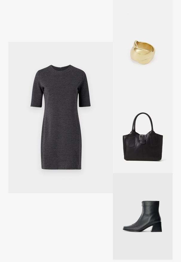 Short-sleeve, dark gray dress with a round neckline, featuring a subtle texture and a back zipper closure. Simple, fitted design.; Black leather ankle boot with square toe, side zipper, and block heel against plain light background.; Black leather tote bag with smooth texture, structured shape, two handles, and a prominent silver buckle detail on the front.; Gold-colored ring with a smooth, twisted design. Features a polished surface and rounded edges, creating a seamless, fluid shape.