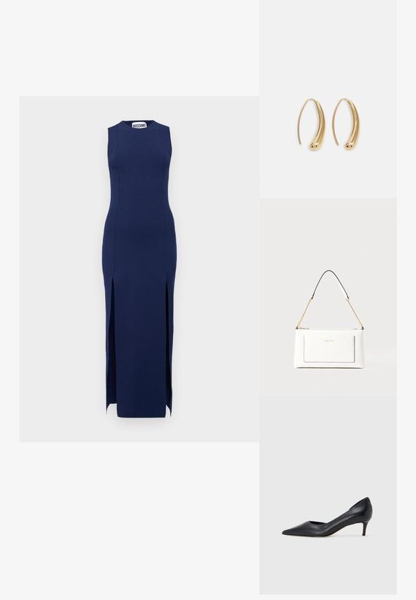 Robe sans manches bleu marine avec une silhouette ajustée, fentes latérales et encolure ronde, fabriquée dans un matériau extensible. Étiquette de marque visible au niveau du cou.; Escarpin en cuir noir avec un bout pointu et un talon bas. Présente une texture lisse et un éclat subtil. Découpe ouverte à l'avant pour un détail supplémentaire.; Sac à main en cuir blanc avec un fini texturé, doté d'une bandoulière en chaîne dorée et d'accents noirs. Comprend une poche avant et une fermeture éclair.; Boucles d'oreilles en métal doré en forme d'anneau, avec une forme courbée et allongée. Elles présentent une surface lisse et brillante avec une pointe arrondie pour un détail supplémentaire.