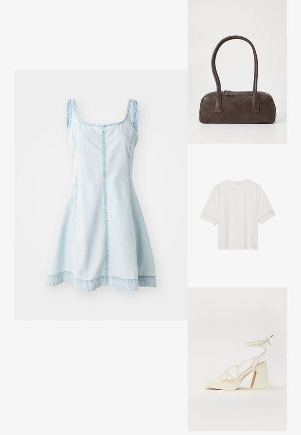 Světle modré denimové šaty s přiléhavým vrškem, širokými ramínky a rozevlátou sukní. Obsahují viditelné švy podél švů.; Bílé tričko s krátkým rukávem vyrobené z bavlny, s dekorativní krajkovou aplikací na rukávech a kulatým výstřihem.; Bílé sandály na vysokém podpatku s robustním podpatkem, s designem s pásky a zavazováním kolem kotníku. Hladký povrch s platformou vpředu pro zvýšení výšky.; Hnědá kožená kabelka s dvěma pevnými uchy, obdélníkový tvar, hladká textura a zipové zavírání. Minimalistický design bez viditelných vzorů.