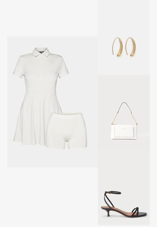 Balta polo suknelė trumpomis rankovėmis, penkių mygtukų užsegimu ir platėjantys sijonu. Į komplektą įeina derančios baltos šortai su lygiu paviršiumi.; Polo Ralph Lauren LEATHER KITTEN-HEEL SANDAL - Klasikiniai aukštakulniai - black; Balta odinė rankinė su tekstūruotu paviršiumi, turinti auksinį grandinėlės dirželį ir juodas detales. Įskaičiuota priekinė kišenė ir užtrauktuko uždarymas.; Auksinės metalinės auskarų kabės su lenktą, pailgą forma. Turi lygų, blizgantį paviršių ir užapvalintą galiuką papildomam akcentui.