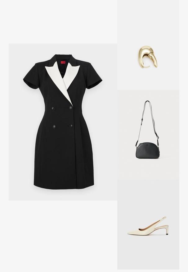 Fekete, dupla gombos ruha rövid ujjakkal, fehér stólalapokkal és fekete gombokkal. Testre szabott fazon, strukturált kialakítással.; Fűzött orrú, elöl nyitott sarkú cipő, off-white bőrből készült, alacsony sarkú, kivágott dizájnnal, sima textúrával és minimalista kiegészítőkkel.; Fekete bőr keresztpántos táska kerekded formával, két állítható pánttal és egy diszkrét logóval az elején. Texturált külső, minimalista dizájn.; Aranyszínű fém fülbevaló, elegáns, ívelt formával. Különleges hegyes alak, fényes felszín és zsanéros záródás jellemzi.