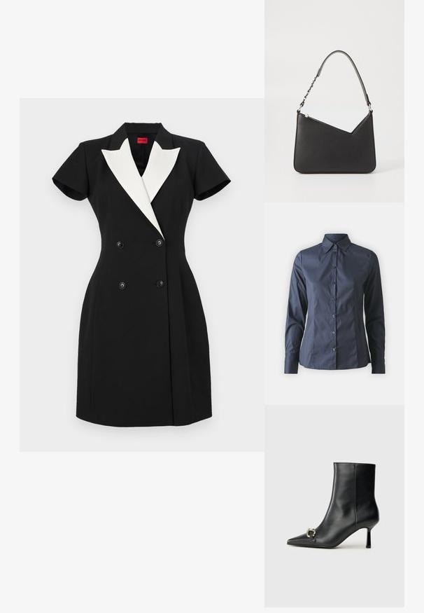 Vestido preto de dupla abertura com mangas curtas, lapelas de xale brancas e botões pretos. Ajuste estruturado com um design definido.; Camisa de manga longa azul-escura com fecho à frente por botões, gola pontiaguda e um corte ajustado. Feita de tecido suave e leve.; Bota preta de couro até ao tornozelo com bico apontado, salto slim de altura média e detalhe em fivela prateada de lado, contra um fundo simples.; Bolsa de couro preta com formato triangular, alça fina e detalhes em metal prateado. Apresenta um fecho com zíper e logótipo em relevo na parte frontal.