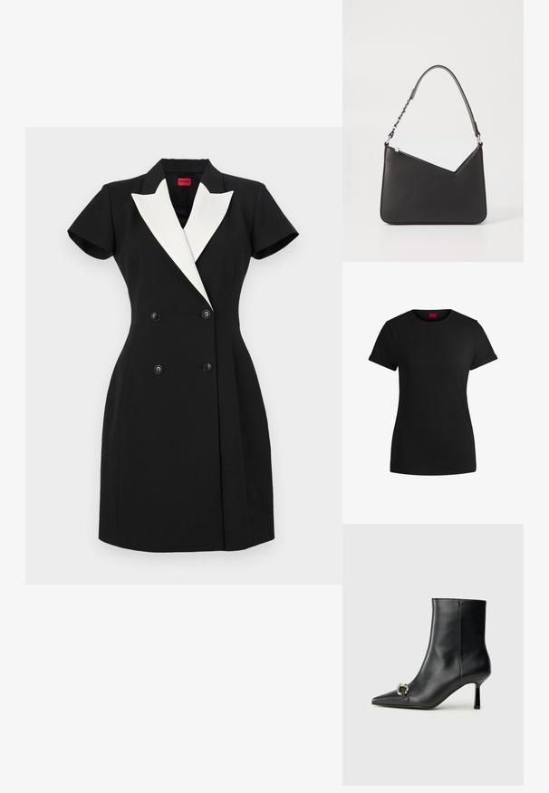 Musta kaksoisnapillinen mekko lyhyillä hihoilla, valkoiset huppuhalkiot ja mustat napit. Räätälöity istuvuus ja rakenteellinen muotoilu.; Mustapaita, jossa on lyhyet käärityt hihat, pyöreä kaula-aukko ja punainen etiketti. Sileä pinta, istuva muoto ja minimaalinen yksityiskohtaisuus.; Musta nahkasaapas nilkkapituisilla, terävillä kärjillä, hoikalla keskipituisella korolla ja hopeavöillä sivussa yksinkertaista taustaa vasten.; Musta nahkakäekott kolmnurga kujuga, peene rihmaga ja hõbedaste detailidega. Omab lukuga sulgemist ja esiküljel on reljeefne logo.