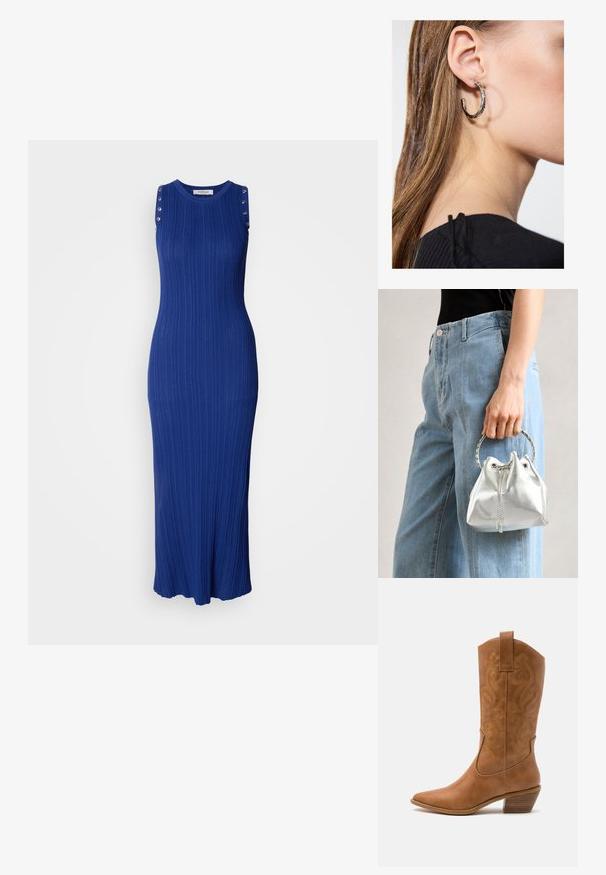 Hihaton maximekko ribbi neulekankaasta, kirkkaan sininen väri, olkainpainikkeet metallisina korostusyksityiskohtina, levenevä helma.; Ruskean nahkainen cowboy-saapas, jossa on terävä kärki, brodeeratut pyörteiset kuviot varressa ja kerroslohko korko. Varustettu nostonipulla helpottamaan pukemista.; Metallinen hopeinen pussilaukku, jossa on teksturoitu pinta, koristeltu hopeisella pyöreällä kaksikahvalla ja kiristysnyörillä, pidetty vaaleansinisten farkkujen edessä.; Hopea renkaankorvakoru kiiltävällä pinnalla, jossa on pieniä kultaisia yksityiskohtia ja pyöreä muoto, käytetty korvalla.