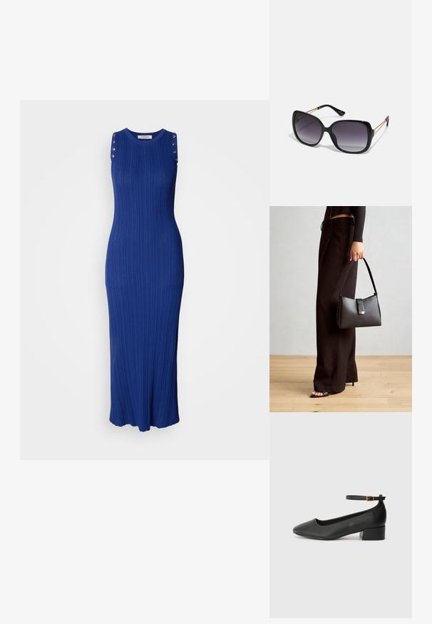 Ujj nélküli maxi ruha bordás kötött anyagból, élénk kék színben, fényes gombokkal díszített vállpántokkal, szellős, bővülő szegéllyel.; Fekete bőr magassarkú cipő hegyes orral és alacsony tömb sarkal. Bokapánttal rendelkezik, aranyszínű csattal. Simább textúra.; Fekete, oversize napszemüveg fokozatos árnyalatú lencsékkel, vastag kerettel és arany színű lánc díszítéssel a szárakon.; Fekete kézi táska strukturált formával, sima textúrával és fémből készült záródással. Széles fekete nadrággal és nyitott orrú szandállal párosítva, fából készült padlón.