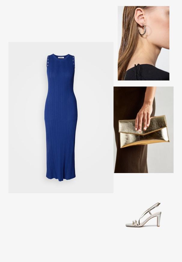 Õlavarbata maksimekko ribikangast, erksinise värviga, millel on metallist nööbid õlapaelte peal ja laienev alläär.; Metallilise hõbedase värvi kõrge kontsaga sandaal avatud varbaga, millel on jalas kolm õhukest rihma ja pahkluuring koos kinnitusega.; Kuldne metallist käekott, millel on sile tekstuur ja kolmnurkne klapp. Kotti hoidev käsi on hoolikalt maniküüritud küüntega.; Hõbedane rõngas kõrvarõngas poleeritud viimistlusega, millel on väikesed kuldsed aktsendid ja ümmargune kuju, kantud lobus.