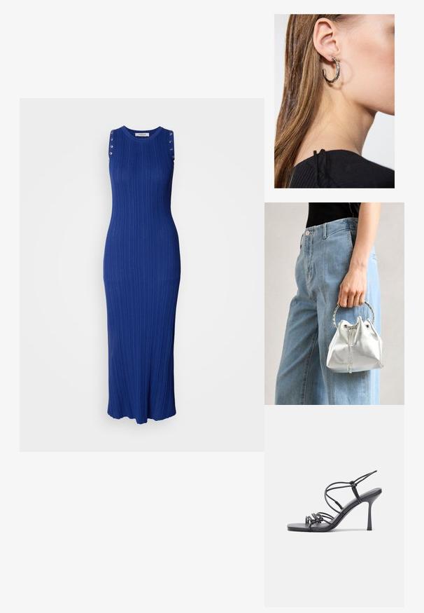 Abito maxi senza maniche in tessuto a costine, colore blu brillante, presenta dettagli in metallo sulle spalline e orlo svasato.; Sandali neri con tacco alto presentano sottili cinturini con design annodato, una punta quadrata liscia e un elegante tacco a spillo.; Borsa a secchiello metallica argento con finitura testurizzata, decorata con un manico rotondo argento e chiusura a cordoncino, tenuta contro dei jeans azzurri.; Orecchino a cerchio in argento con finitura lucida, caratterizzato da piccoli dettagli in oro e una forma tondeggiante, indossato sul lobo.