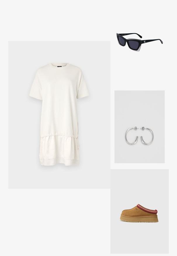 Lühikeste varrukatega kreemivärvi kleit, millel on kihiline äär ja elastne teakohal, valmistatud pehmest kangast, millel on sile tekstuur.; Pruunist seemisest nahast libisemiseks mõeldud kingad, millel on punane ja kreemikas muster äärel, tekstuuriga tallad ja UGG logo külgedel. Omab kerget platvormi kõrgust.; Mustad suured mustad prillid geomeetrilise kujuga, tumedate läätsedega ja kontrastse halli detailiga raamidel. Logo käe peal.; Hõbedased rõngaskõrvarõngad, millel on sile ja läikiv pind. Ümar kuju, kerge disain, millel on post-tagumise kinnituse süsteem.