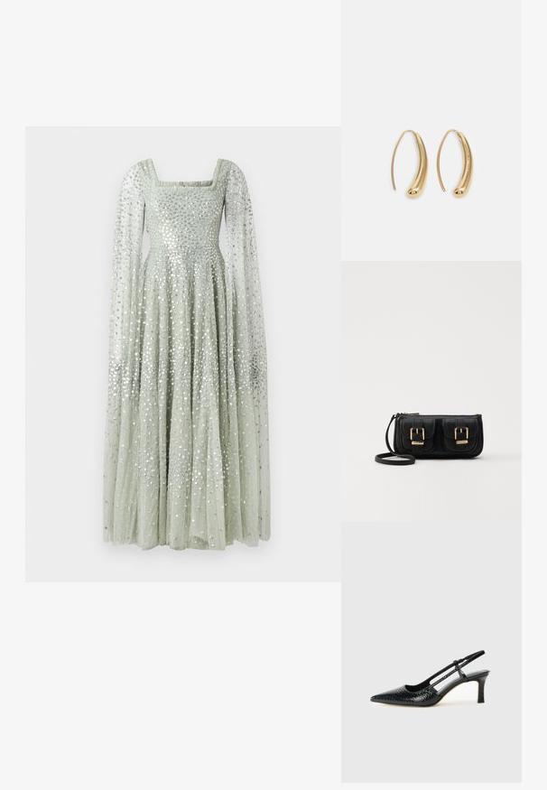 Pitkä, pastellivihreä mekko, jossa on neliömäinen pääntie, pitkät läpikuultavat hihat ja fit-and-flare -muotoilu, jota koristavat hopeiset paljetit kauttaaltaan.; Musta patent slingback-kiilakorko teräväkärkisellä muotoilulla, jossa on teksturoitu käärmeennahkakuosi, säädettävä remmi ja lyhyt, teksturoitu blokkiheel.; Musta nahkainen olkalaukku, jossa on kaksi etutaskua, kultaiset soljet, vetoketjukiinnitys ja kapea hihna. Teksturoidun pinnan ja kompaktin suorakaiteen muoto.; Korvakorut kultasävytteistä metallista, joissa on kaareva, pitkänomainen muoto. Ominaisuuksiin kuuluu sileä, kiiltävä pinta ja pyöreä kärki lisäyksinä.