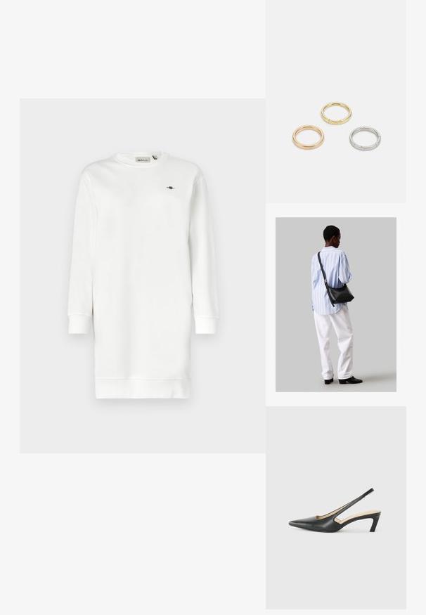 Rochie albă din material tip bumbac, cu mâneci lungi, manșete cu nervuri și un mic logo brodat pe piept.; Pantof cu toc mic, cu vârf ascuțit și slingback, realizat din piele netedă, având un design decupat pe lateral pentru respirabilitate.; Geantă de umăr din piele neagră cu o textură moale, formă triunghiulară și curea ajustabilă, asortată cu o bluză cu dungi albastre deschise și pantaloni albi.; Trei inele din metal: unul roz aurie, unul auriu cu accente texturate și unul argintiu, toate cu branding gravat pe banda interioară.