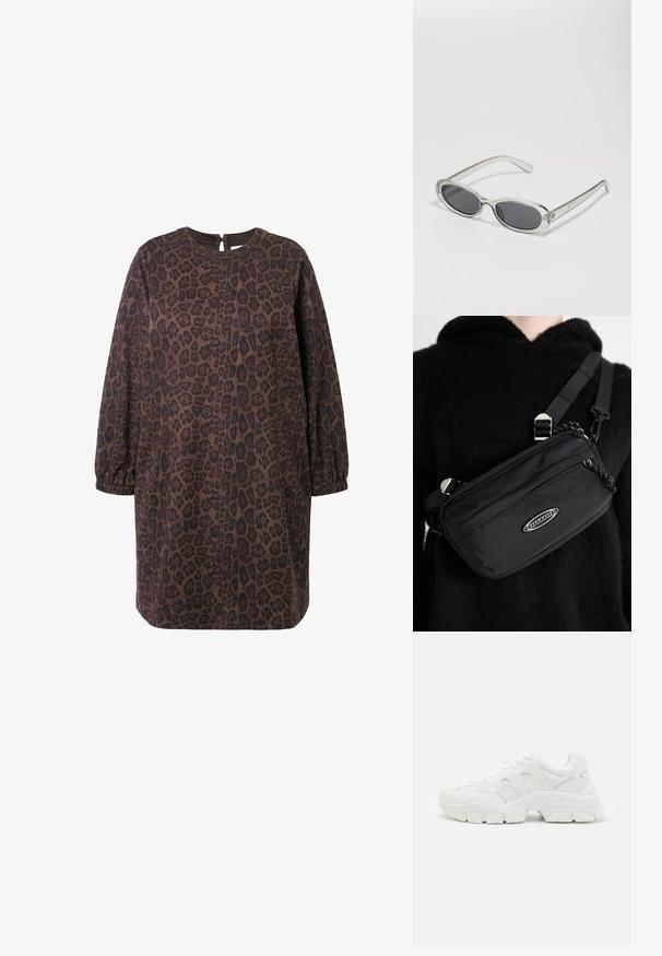 Vestido de leopardo marrón hecho de una tela suave, con mangas largas, escote redondo y un detalle de ojal en la espalda.; Zapatillas deportivas blancas con parte superior de malla y detalles en cuero, suela de goma texturizada y un diseño voluminoso con contornos notables.; Gafas de sol con forma ovalada, montura de plástico transparente, lentes gris oscuro y patillas delgadas y transparentes con acentos de logotipo y un diseño minimalista.; Bolso bandolera negro de nailon con correa ajustable, que presenta una textura suave, un bolsillo frontal con cremallera y un acento de logo.