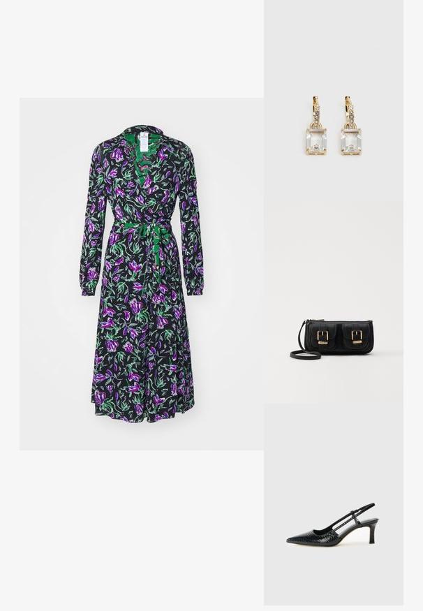 Diane von Furstenberg PHOENIX REVERSIBLE DRESS - Nappali ruha - green; Fekete lakk slingback sarok, hegyes orral, texturált kígyómintával, állítható pánttal és rövid, texturált tömbsarkal.; Fekete bőr keresztbody táska két elülső zsebbel, arany csattokkal, cipzáras záródással és vékony pánttal. Textúrált felület és kompakt téglalap alak.; Aranyszínű fülbevalók, melyek egy téglalap alakú, tiszta kristállyal díszítették, ami egy sor kis, kerek, tiszta kiegészítő alatt lóg. Letisztult, modern dizájn.