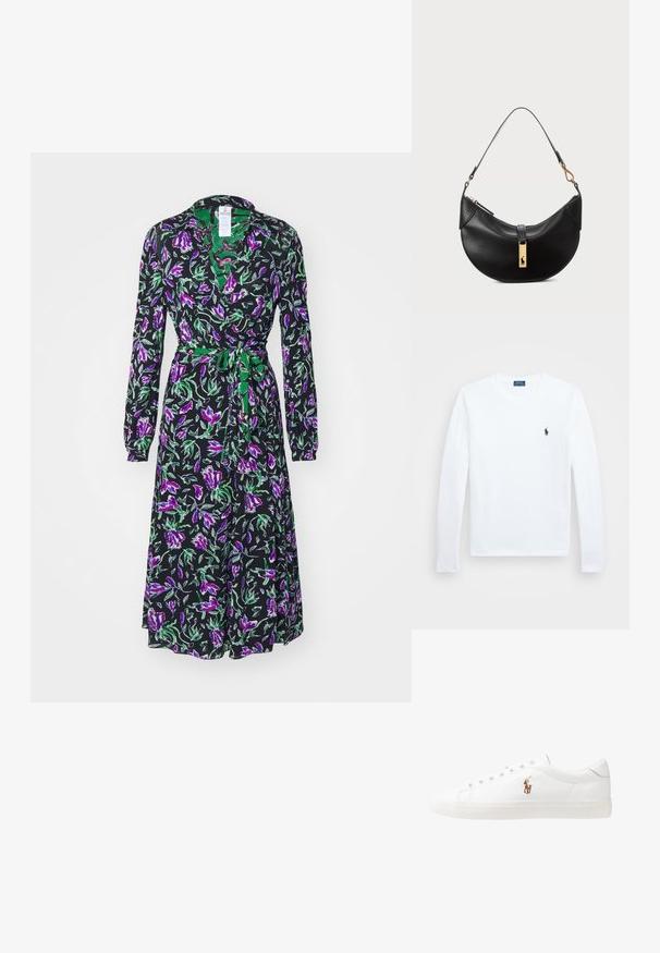 Diane von Furstenberg PHOENIX REVERSIBLE DRESS - Kasdienė suknelė - green; Balta ilgomis rankovėmis marška, pagaminta iš medvilnės, apvalia kaklaskare. Kairėje krūtinės pusėje yra mažas tamsiai mėlynas logotipas. Paprastas dizainas, reguliaraus kirpimo.; Baltos odinės sportbačiai, žemo profilio, su lygia tekstūra, apvalia nosimi, raištelių sistema priekyje ir mažyte siuvinėta logo šone.; Juodos odos rankinė pusmėnulio forma. Papuošta auksinėmis detalėmis ir siaura juosta. Lygi tekstūra, užtrauktuko uždarymas viršuje.