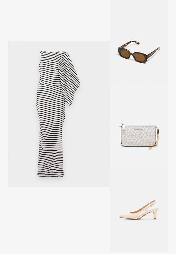 Czarna i biała sukienka w paski z jednym ramieniem, dopasowana sylwetka oraz płynna tekstura materiału. Charakteryzuje się długą długością.; Biała szpilka slingback z ostrym noskiem, gładkim materiałem wierzchnim, niskim obcasem blokowym oraz wycięciami po bokach i regulowanym paskiem z klamrą.; Okulary przeciwsłoneczne w kratkę z zaokrągloną, grubą oprawą i brązowymi soczewkami. Posiadają subtelne wzory oraz proste, zwężane zauszniki.; Portfel na nadgarstek marki Michael Kors w beżowej, pokrytej płótnem, z powtarzającym się wzorem logo MK, złotym okuciem i odpinanym łańcuszkowym paskiem.