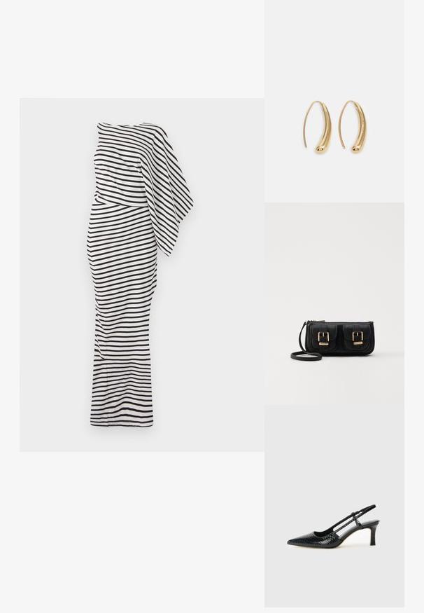 Fekete-fehér csíkozott ruha, egy vállon pántos dizájnnal, testhez simuló sz Siluett és áramló anyagtextúra jellemzi. Hosszú fazonú.; Fekete lakk slingback sarok, hegyes orral, texturált kígyómintával, állítható pánttal és rövid, texturált tömbsarkal.; Fekete bőr keresztbody táska két elülső zsebbel, arany csattokkal, cipzáras záródással és vékony pánttal. Textúrált felület és kompakt téglalap alak.; Aranyszínű fémből készült karika fülbevalók ívelt, hosszúkás formával. Simaságával és fényes felületével, valamint lekerekített végével további részletekkel bővül.