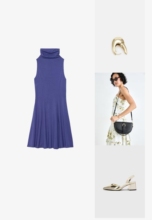 Bezsenzorna ljubičasta haljina s gornjim dijelom u obliku nape, uskim tijelom i lepršavom suknjom. Izrađena od mekanog, teksturiranog materijala s glatkom završnom obradom.; Zlatni metalik slingback sandali s šiljatim vrhom i debelim potpeticama. Glatka tekstura, minimalistički dizajn i uski remen.; Crna kožna torba s lukovitim oblikom, odvojivim remenom i zlatnim detaljima. Torba ima preklop s kopčom.; Zlatne metalne naušnice s elegantnim, zakrivljenim dizajnom. Imaju karakterističan šiljast oblik, poliranu površinu i zatvaranje na šarku.