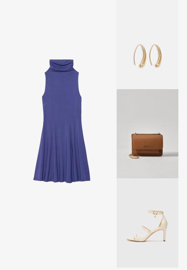 Bežinis, be rankovių, violetinis suknelis su drapiruota apykakle, prigludusia liemene ir platėjančiu sijonu. Pagamintas iš švelnios, tekstūruotos medžiagos su lygiu paviršiumi.; Šviesiai rudos aukštakulnės sagaus su plona kulkšnies juostele ir dviem viršutinėm juostelėm. Blizgus lakinės odos apdailos ir auksinė detalių apdaila ant kulkšnies juostelės.; Ruda tekstūruota odinė per petį nešama rankinė su auksiniu grandininiu dirželiu ir užlenkiamo užsegimo. Priekinėje pusėje yra logotipo detalė ir kišenė po užlenkimu.; Auksinės metalinės auskarų kabės su lenktą, pailgą forma. Turi lygų, blizgantį paviršių ir užapvalintą galiuką papildomam akcentui.